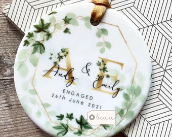 Personalised Engagement gift Names Engaged Ivy  Foliage Greenery Leaf Ceramic or Acrylic Round Decoration Ornament Keepsake