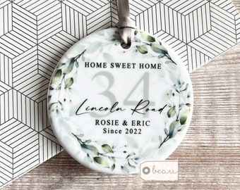 Personalised Home sweet Home Housewarming New Home Foliage Wreath Greenery Design Ceramic Round Decoration Ornament Wedding Keepsake