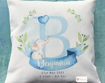 Personalised New Baby Boy Gift Blue Elephant Design Home Quote Linen Style Cushion cover - Newborn - Birth - Baby Boy Godson Nephew Grandson