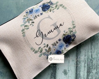 Personalised Name and initial Blue Bouquet Floral Design Linen style Fabric Make up Bag Birthday gift for her mum sister friend