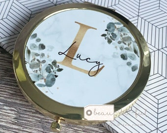 Personalised Name and initial Eucalyptus Greenery Wreath Round Rose Gold Compact Pocket Mirror Keepsake Bridesmaid Gift