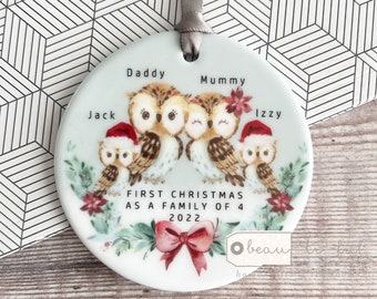 Personalised 1st First Christmas as family of 3 4 5 Owl Mummy Daddy Mammy Mommy Baby Greenery Acrylic Or ceramic Ornament Keepsake