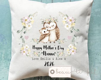 Personalised Happy Mother’s Day gift Mummy Nanny Grandma Momma Mommy Mammy Nanna Auntie Bunny Floral Linen Style Cushion New baby
