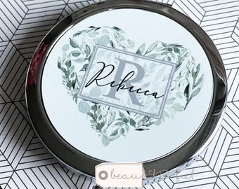 Personalised Name and initial Eucalyptus heart Greenery Round silver Compact Pocket Mirror Keepsake Bridesmaid Gift