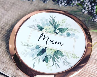 Personalised Name Greenery Leaf Round Rose Gold Compact Pocket Mirror Keepsake