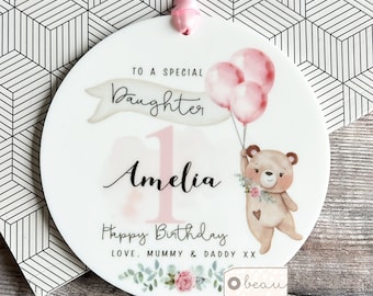 Personalised First 1st Happy Birthday Gift Teddy bear floral Greenery Design Ceramic or acrylic Round Decoration Ornament Wedding Keepsake