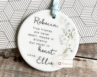 Personalised Friend gift True friends are never far apart Quote Greenery Design Ceramic or Acrylic Round Decoration Ornament Keepsake
