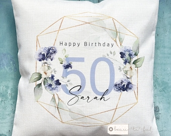 Personalised Happy Birthday Age Milestone  18 21 30 40 50 60 70 80 90 Name Blue Floral Design Home Quote Linen Style Cushion cover