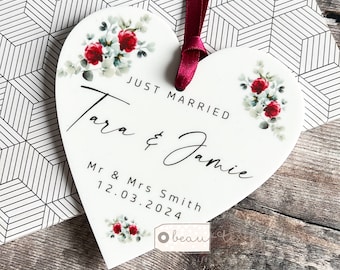 Personalised Just Married Gift Mr & Mrs Wedding Gift Newlyweds Burgundy Greenery Acrylic Heart Decoration Ornament Keepsake