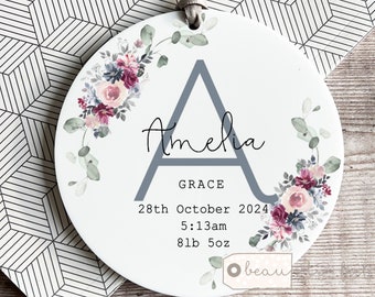Personalised Baby arrival gift New Baby Gift Boy Girl Welcome to the world Newborn Burgundy blue Ceramic or Acrylic Round Ornament Keepsake