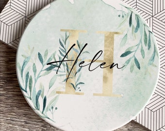 Personalised Name and initial Greenery Gold Leaf Ceramic Coaster Name gift Friend gift Home gift
