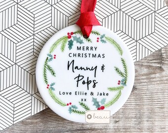 Personalised Merry Christmas gift Grandparents Teacher Relatives Holly Greenery Wreath Design Ceramic or Acrylic Round Ornament Keepsake