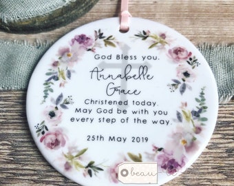 Personalised God bless you Christening Baptism Baby Boy Girl Blush Pink Floral Design Ceramic or Acrylic Round Ornament Keepsake