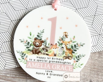 Personalised First 1st Happy Birthday Age Girl Gift Woodland animals Greenery Ceramic or acrylic Round Decoration Ornament Wedding Keepsake