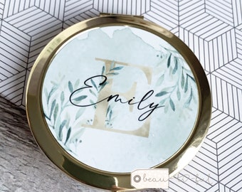Personalised Name Greenery Gold leaf Round Rose Gold Silver Compact Pocket Mirror Keepsake Bridesmaid Gift