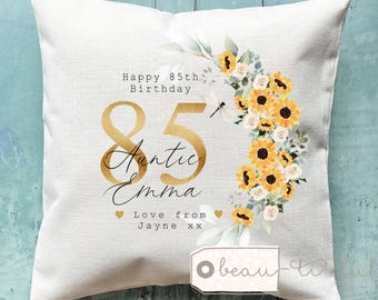 Personalised Happy Birthday Gift Age Milestone  21 30 40 50 60 70 80 90 sunflower Floral Design Home Quote Linen Style Cushion Friend gift
