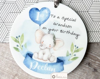 Personalised Happy Birthday Age Gift Son Grandson Godson Blue Elephant Greenery Design Ceramic or acrylic Round Decoration Ornament Keepsake