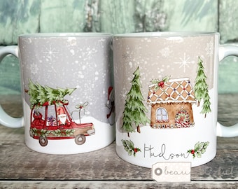 Personalised Christmas Scene Mug Greenery Santa Car Gingerbread house Ceramic Grey Mug - Tea mug - coffee Mug - Gift mug - Christmas gift