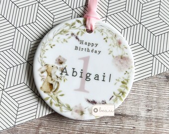 Personalised First 1st Happy Birthday gift woodland rabbit floral Greenery Ceramic or acrylic Round Decoration Ornament Wedding Keepsake