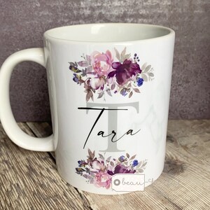 Personalised Name and initial Mauve floral Mug - Gift mug - Tea mug- Coffee mug