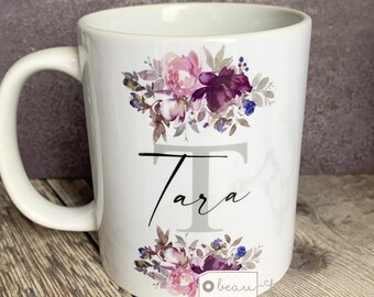 Personalised Name and initial Mauve floral Mug - Gift mug - Tea mug- Coffee mug