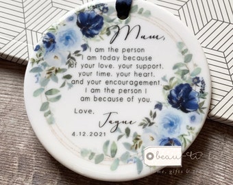 Personalised Mother of Groom Bride I am the person I am Thank you from Bride Groom Blue Bouquet ceramic or Acrylic Ornament Wedding Keepsake