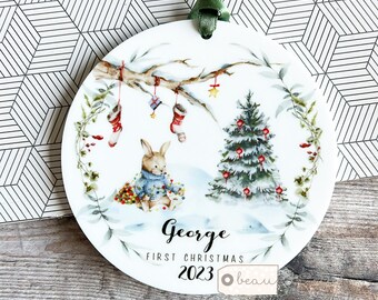 Personalised First Christmas gift Woodland scene Rabbit Tree Acrylic or ceramic Round Ornament Keepsake Tree Decoration Child boy girl gift