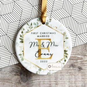 Personalised First Christmas Wedding gift Married Mr Mrs Newlywed Botanical Greenery Design Ceramic or Acrylic Round Ornament Keepsake