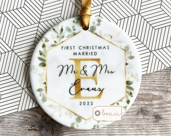 Personalised First Christmas Wedding gift Married Mr Mrs Newlywed Botanical Greenery Design Ceramic or Acrylic Round Ornament Keepsake