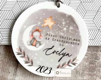 Personalised First Christmas as Grandparents Gran Grandma Nanna New Baby Moon Stars Design Ceramic or Acrylic Round Ornament Keepsake