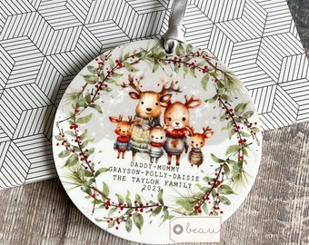 Personalised Family Christmas Woodland Reindeer deer Greenery Jumpers Acrylic or ceramic Round Ornament Keepsake Tree decoration gift