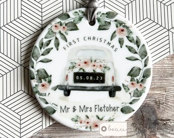Personalised First Christmas Mr & Mrs Wedding Pink floral Greenery Vintage car Ceramic Round or Acrylic Decoration Ornament Keepsake