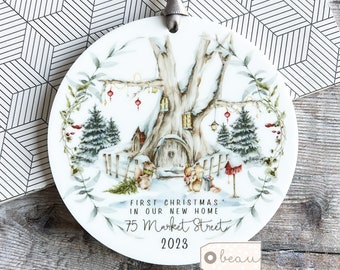 Personalised First Christmas at Address Woodland scene in New Home House New home gift Design Acrylic or Ceramic Round Ornament Keepsake