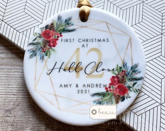 Personalised First Christmas at Address New Home Christmas floral Design Ceramic Round Ornament Keepsake