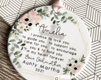 Personalised Promise to Godchild Christening Baptism Baby Boy Girl Godparents Godmother Peach pale blue floral Ceramic Ornament Keepsake