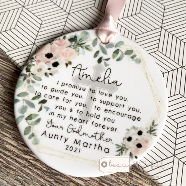 Personalised Promise to Godchild Christening Baptism Baby Boy Girl Godparents Godmother Peach pale blue floral Ceramic Ornament Keepsake