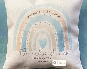 Personalise Welcome to the world New baby Rainbow Design Home Quote Boho Linen Style Cushion cover