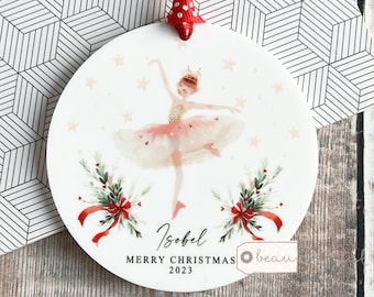 Personalised Merry Christmas Gift Girl Nutcracker Ballerina Design Ceramic or Acrylic Round Ornament Keepsake