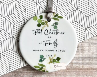 Personalised First Christmas as a family gift Mummy Daddy Mammy Mommy New Baby Botanical Greenery Ceramic or Acrylic Round Ornament Keepsake