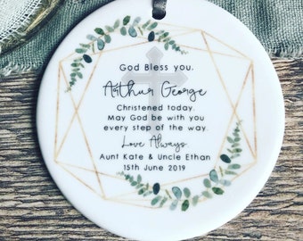 Personalised God bless you Christening Baptism gift Baby Boy Girl Geometric Greenery Design Ceramic or Acrylic Round Ornament Keepsake