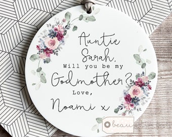 Personalised Will you be my Godmother Godfather Godparents Proposal Gift Christening Baptism Quote Greenery Design Ceramic Round Keepsake