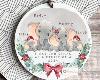 Personalised 1st First Christmas as a family gift of 3 4 5 Santa Elephant Mummy Daddy Mammy Mommy Ornament Keepsake Tree decoration Bauble