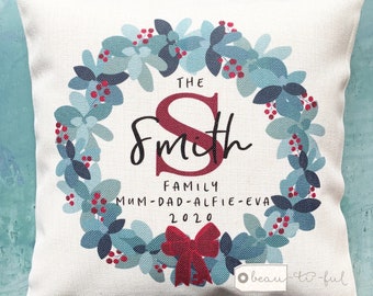 Personalised Christmas Family Names Home Quote Foliage Greenery Design Home Quote Linen Style Cushion cover