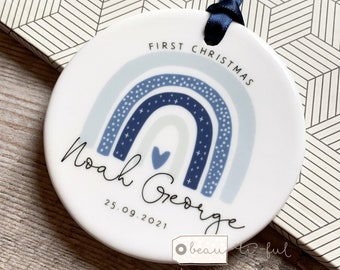 Personalised First Christmas Baby Baby’s Boy Girl Gift Tree Bauble Newborn Rainbow Design Ceramic or Acrylic Round Ornament Keepsake