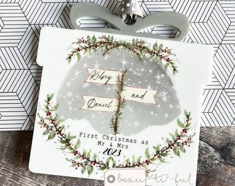 Personalised First Christmas Married Wedding gift Mr Mrs gift signpost Design Acrylic present shaped Ornament tree Keepsake bauble