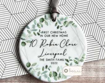 Personalised First Christmas gift at Address New Home Geometric Greenery Design Ceramic or Acrylic Round Ornament Keepsake