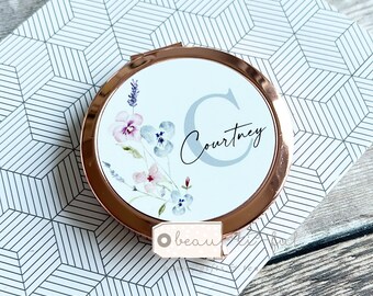 Personalised Friend gift Birthday gift Wildflower Floral Greenery Round Rose Gold Silver Compact Pocket Mirror Keepsake Bridesmaid Gift