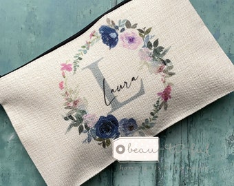 Personalised Name and initial Navy blue pink Floral Design Linen style Fabric Make up Bag Birthday gift for her mum sister friend