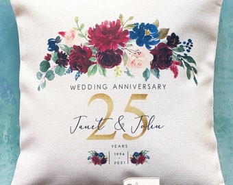 Personalised Names Wedding Anniversary 1st 25th 50th Home Quote Burgundy Navy floral Design Home Quote Linen Style Cushion cover