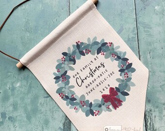Personalised Christmas Family Names Foliage Greenery Wreath Design Home Quote Linen Style Pennant Flag Room Decor